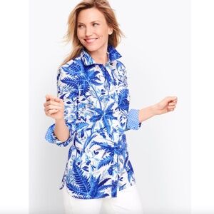 NWT Blue & White Print 100% Cotton Shirt Size S Fern Print Talbots Classic Shirt